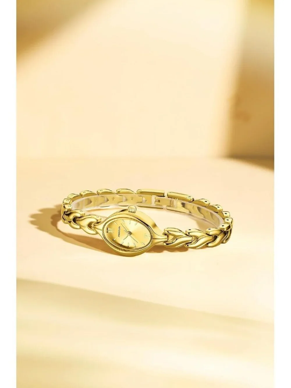 Women's All Gold Analog Quartz Stainless Steel Vintage Oval Bracelet Wrist Watch